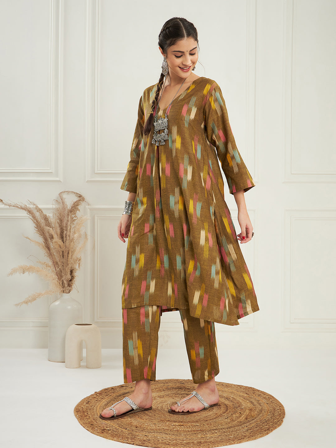 InWeave Women's Olive Ikkat Print V Neck Kurta Pant Set | Grocsy