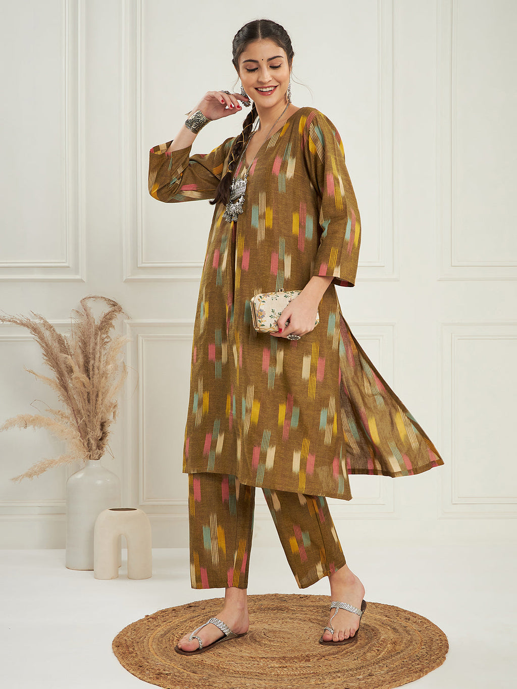 InWeave Women's Olive Ikkat Print V Neck Kurta Pant Set | Grocsy
