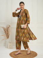 InWeave Women's Olive Ikkat Print V Neck Kurta Pant Set | Grocsy