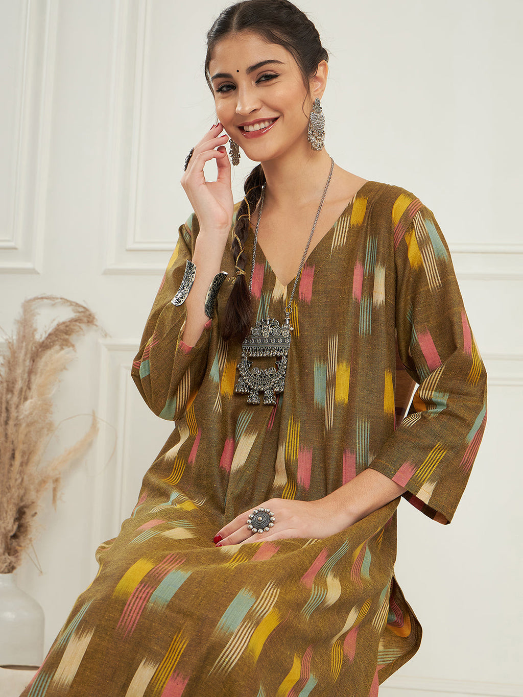 InWeave Women's Olive Ikkat Print V Neck Kurta Pant Set | Grocsy