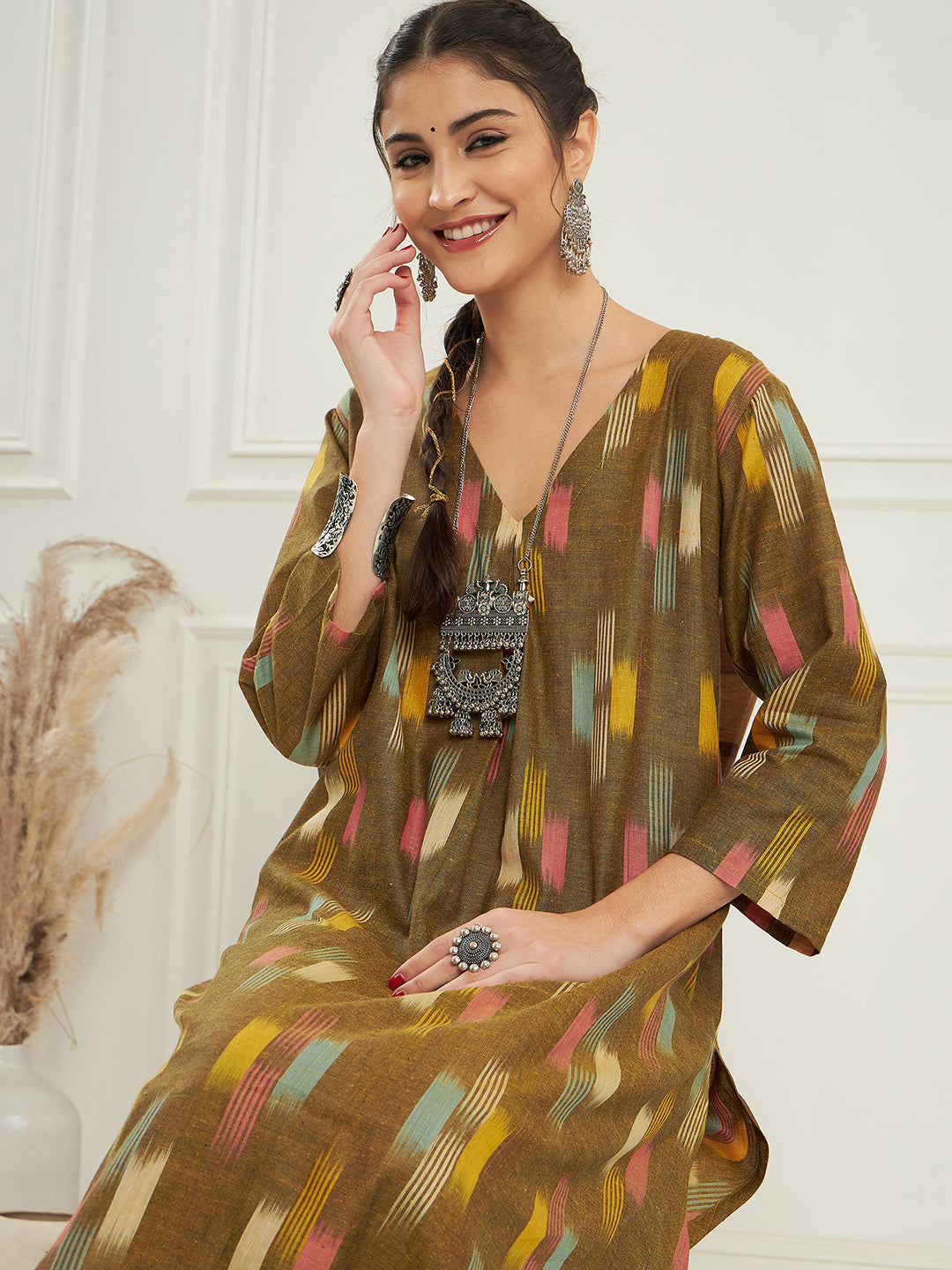 InWeave Women's Olive Ikkat Print V Neck Kurta Pant Set | Grocsy