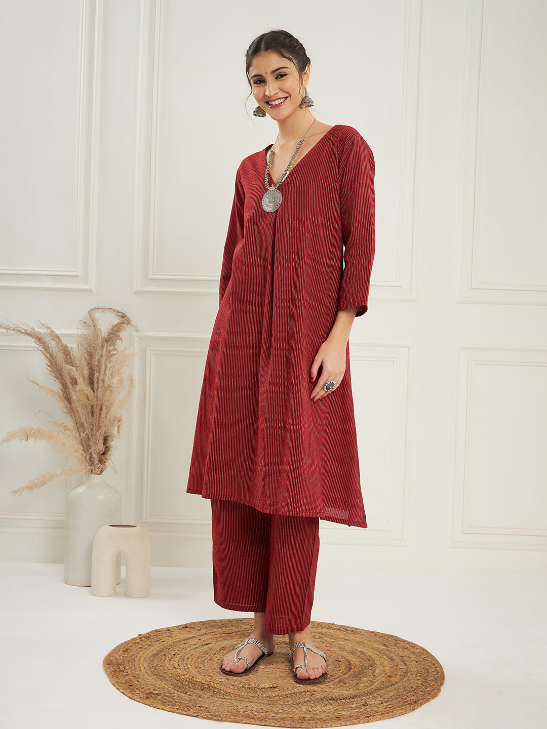 InWeave Women's Ruby Maroon Kantha V Neck Kurta Pant Set | Grocsy