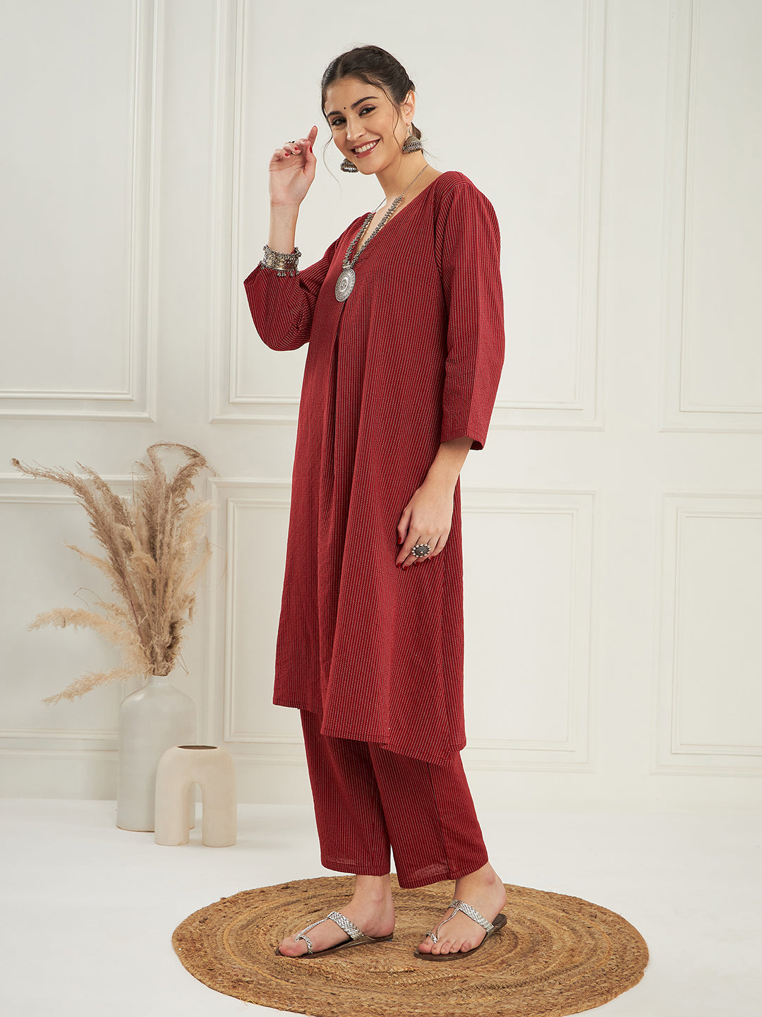 InWeave Women's Ruby Maroon Kantha V Neck Kurta Pant Set | Grocsy