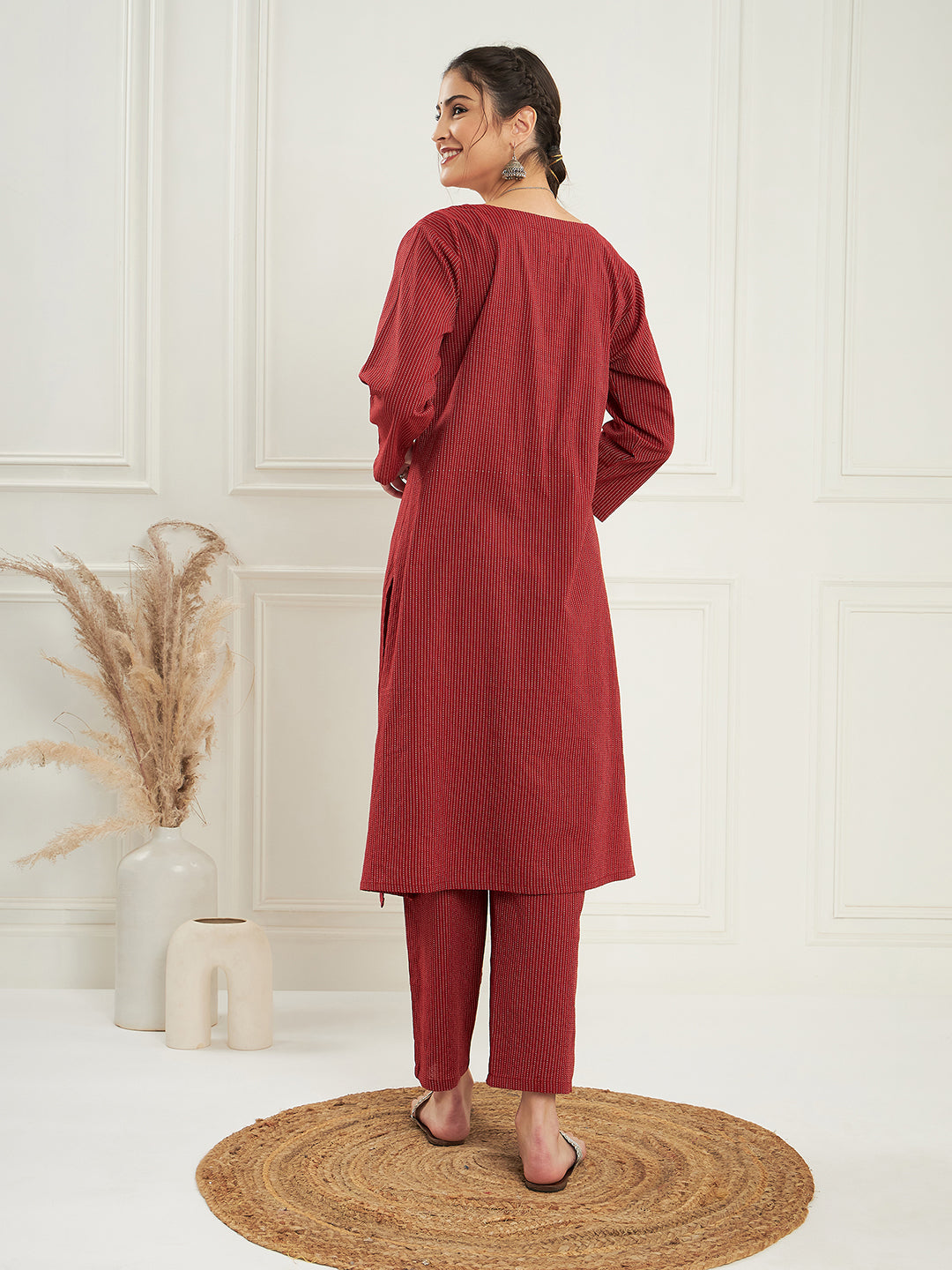 InWeave Women's Ruby Maroon Kantha V Neck Kurta Pant Set | Grocsy