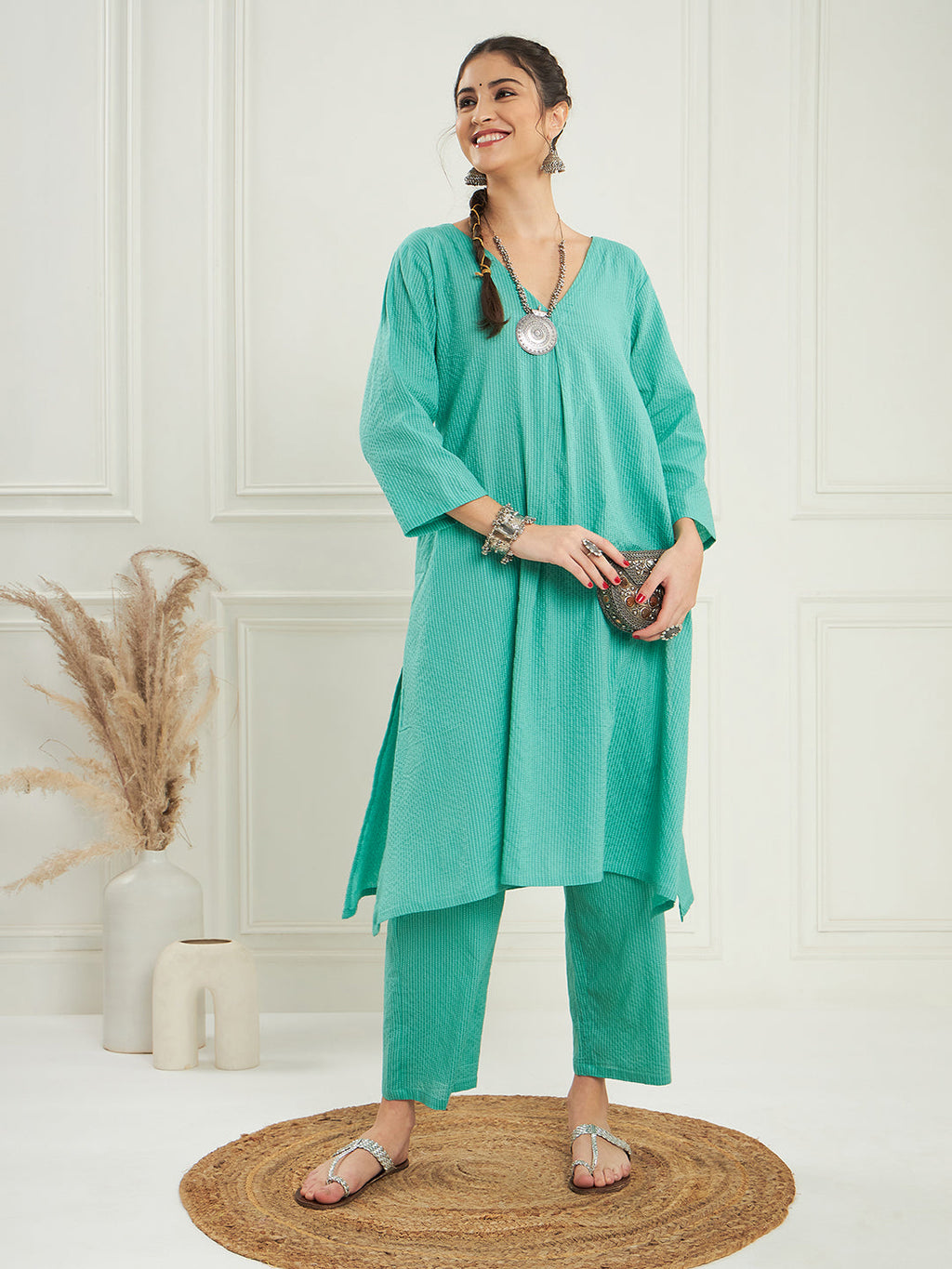 InWeave Women's Arctic Blue Kantha V Neck Kurta Pant Set | Grocsy