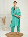 InWeave Women's Arctic Blue Kantha V Neck Kurta Pant Set | Grocsy
