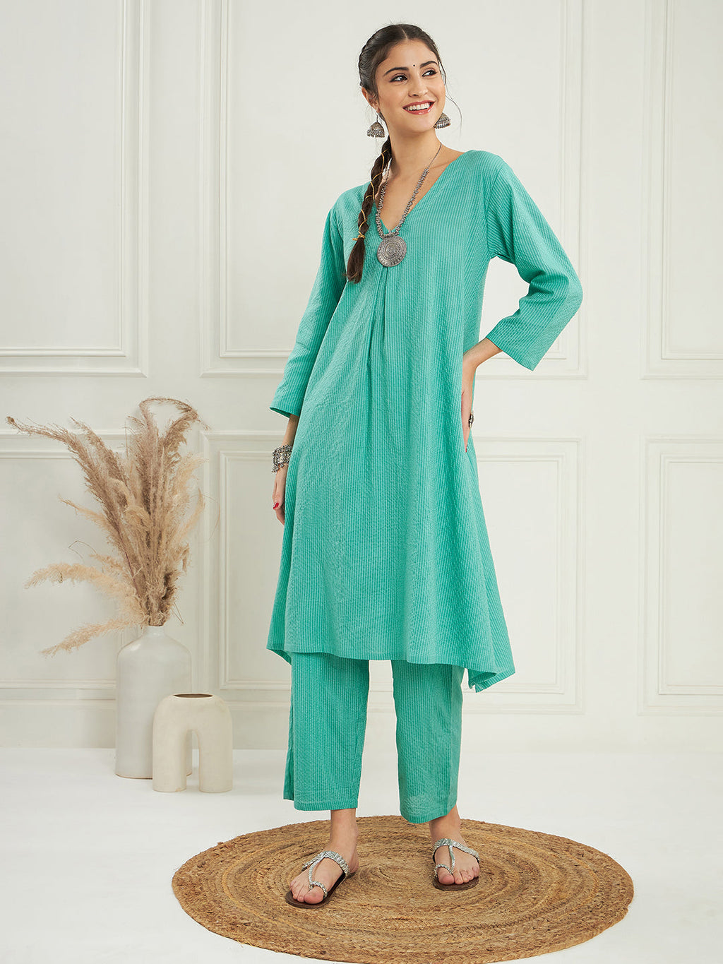 InWeave Women's Arctic Blue Kantha V Neck Kurta Pant Set | Grocsy