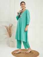 InWeave Women's Arctic Blue Kantha V Neck Kurta Pant Set | Grocsy