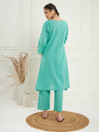 InWeave Women's Arctic Blue Kantha V Neck Kurta Pant Set | Grocsy