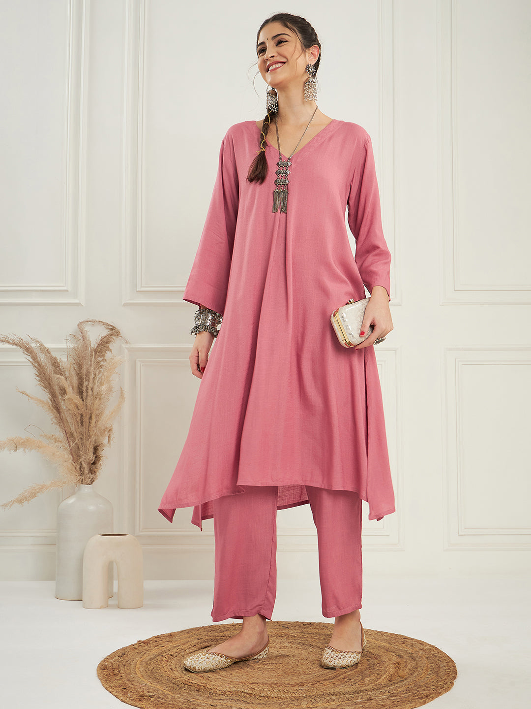 InWeave Women's Light Rose Pink Solid V Neck Kurta Pant Set | Grocsy