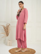 InWeave Women's Light Rose Pink Solid V Neck Kurta Pant Set | Grocsy