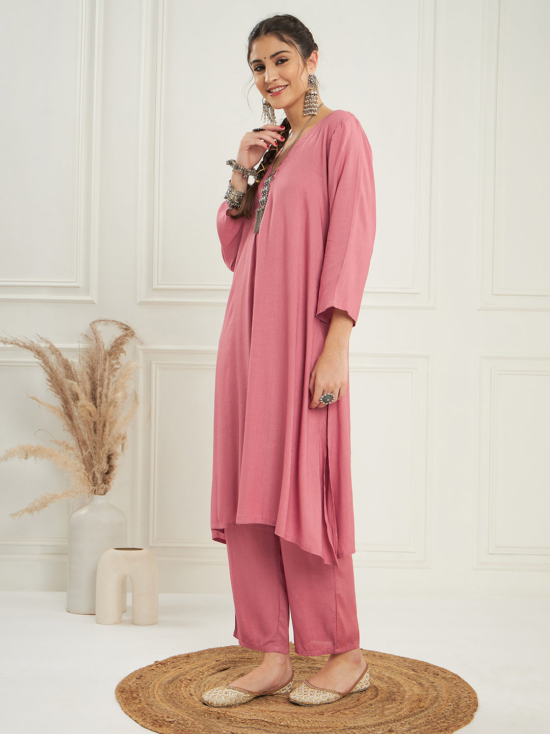 InWeave Women's Light Rose Pink Solid V Neck Kurta Pant Set | Grocsy