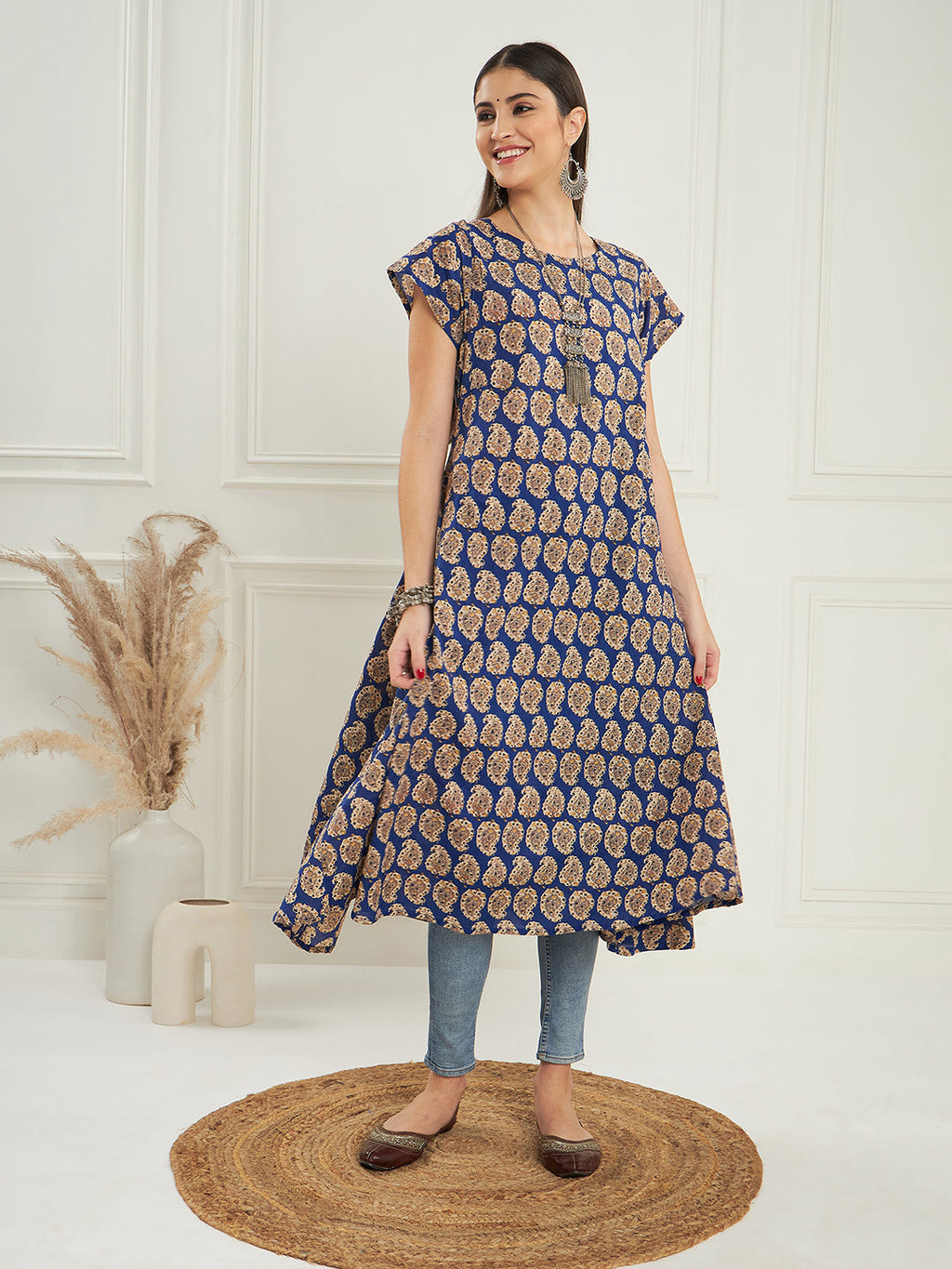 InWeave Women's Ink Blue Small Paisley Kalamkari A Line Dress | Grocsy