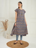 InWeave Women's Ink Blue Small Paisley Kalamkari A Line Dress | Grocsy