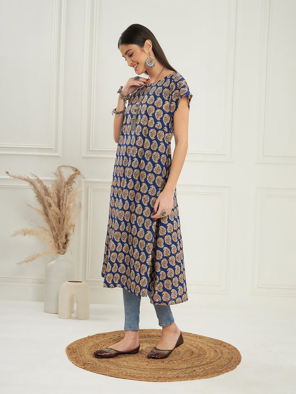 InWeave Women's Ink Blue Small Paisley Kalamkari A Line Dress | Grocsy