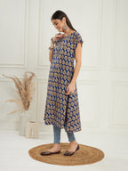 InWeave Women's Ink Blue Small Paisley Kalamkari A Line Dress | Grocsy