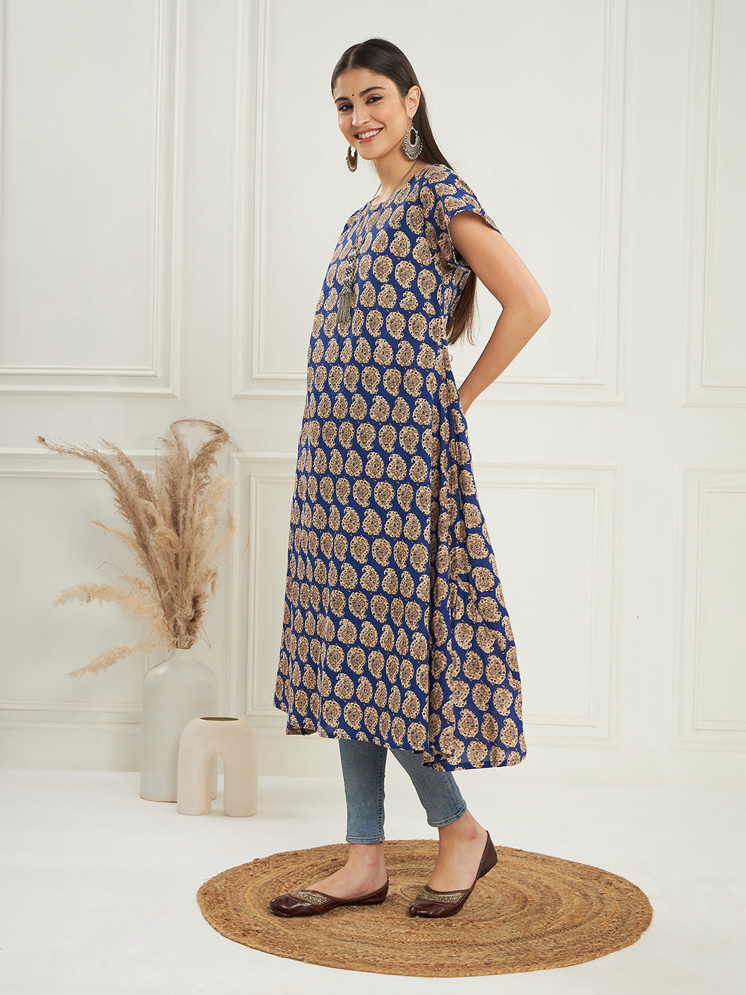 InWeave Women's Ink Blue Small Paisley Kalamkari A Line Dress | Grocsy