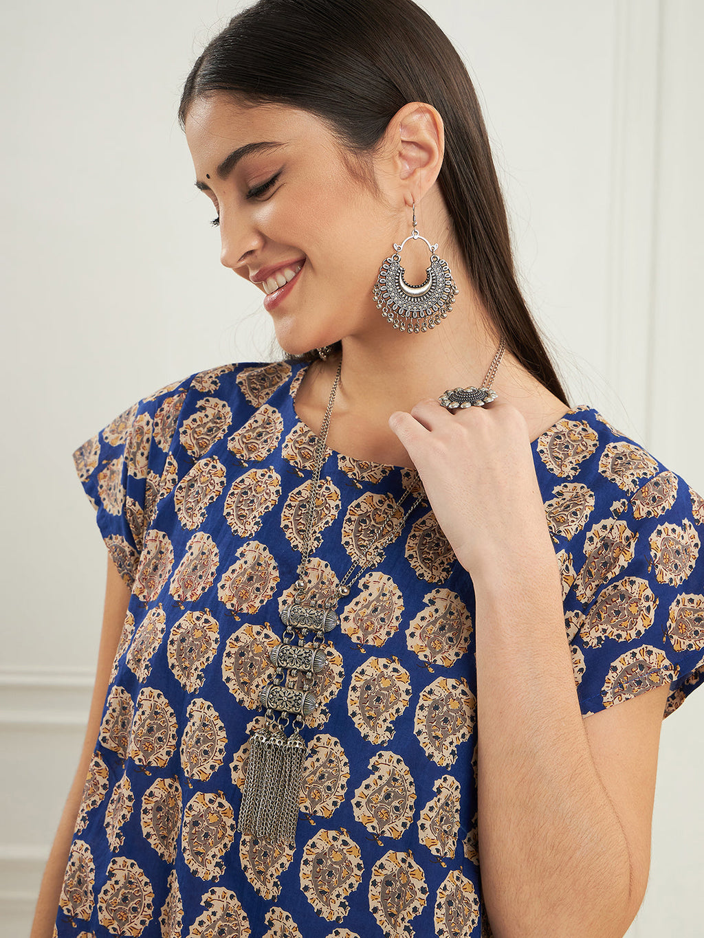InWeave Women's Ink Blue Small Paisley Kalamkari A Line Dress | Grocsy