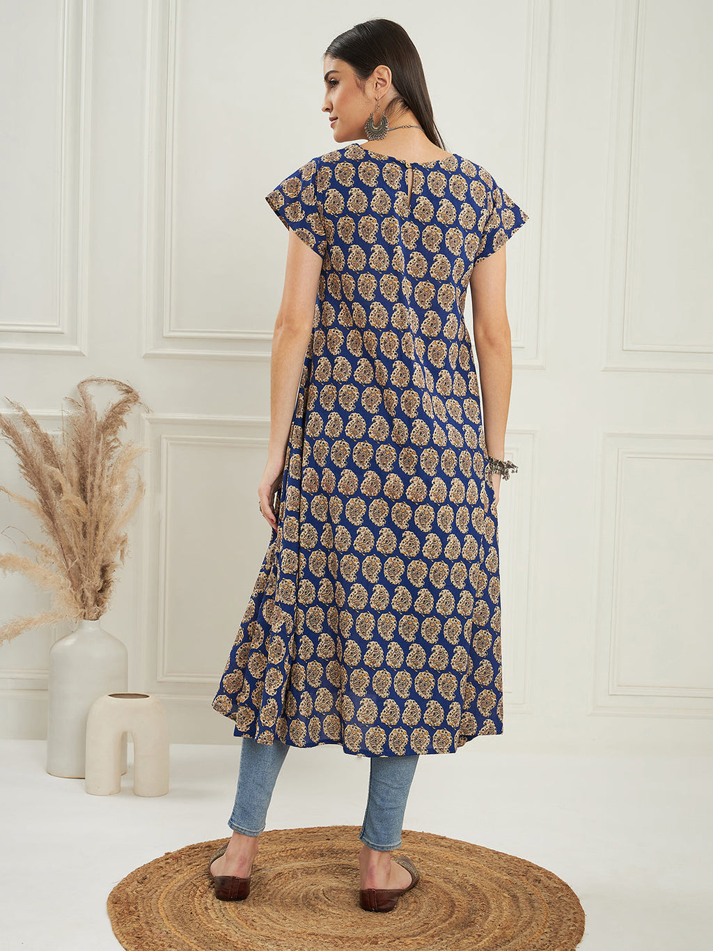 InWeave Women's Ink Blue Small Paisley Kalamkari A Line Dress | Grocsy
