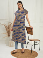 InWeave Women's Ink Blue Small Paisley Kalamkari A Line Dress | Grocsy