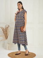 InWeave Women's Ink Blue Small Paisley Kalamkari A Line Dress | Grocsy