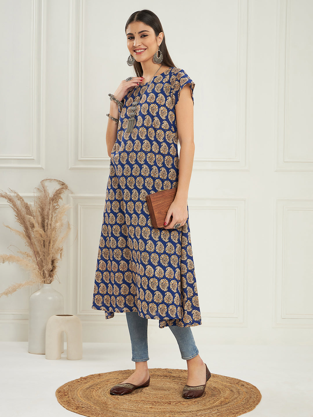 InWeave Women's Ink Blue Small Paisley Kalamkari A Line Dress | Grocsy