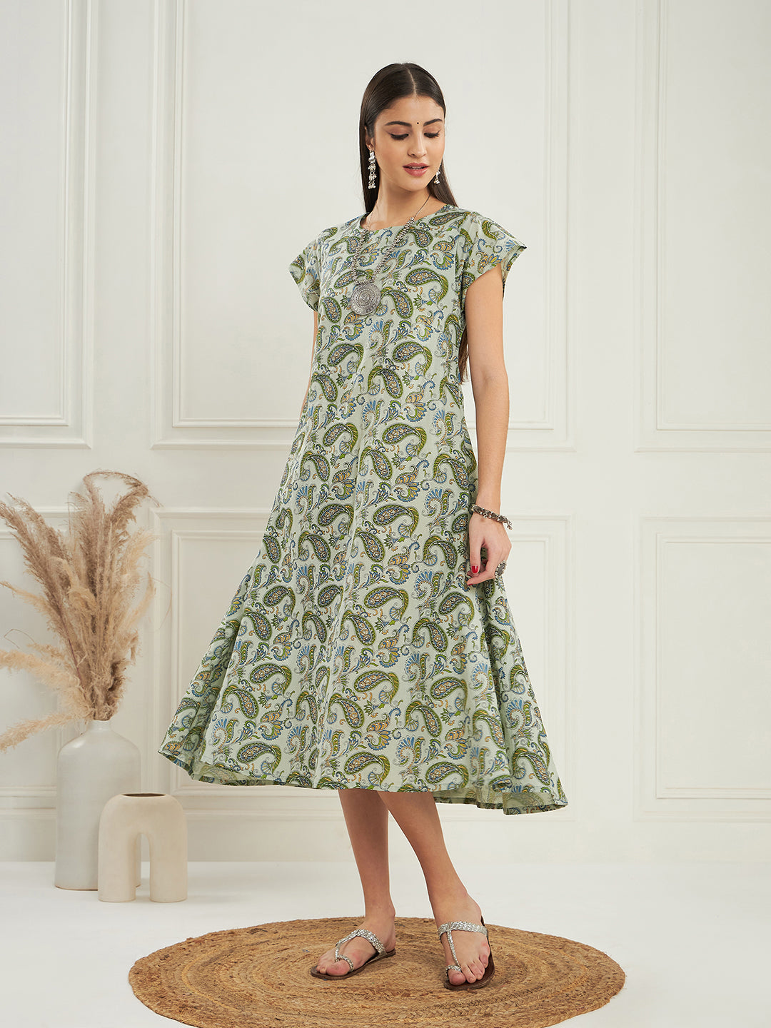InWeave Women's Sage Green Paisley Print A Line Dress | Grocsy