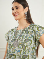 InWeave Women's Sage Green Paisley Print A Line Dress | Grocsy
