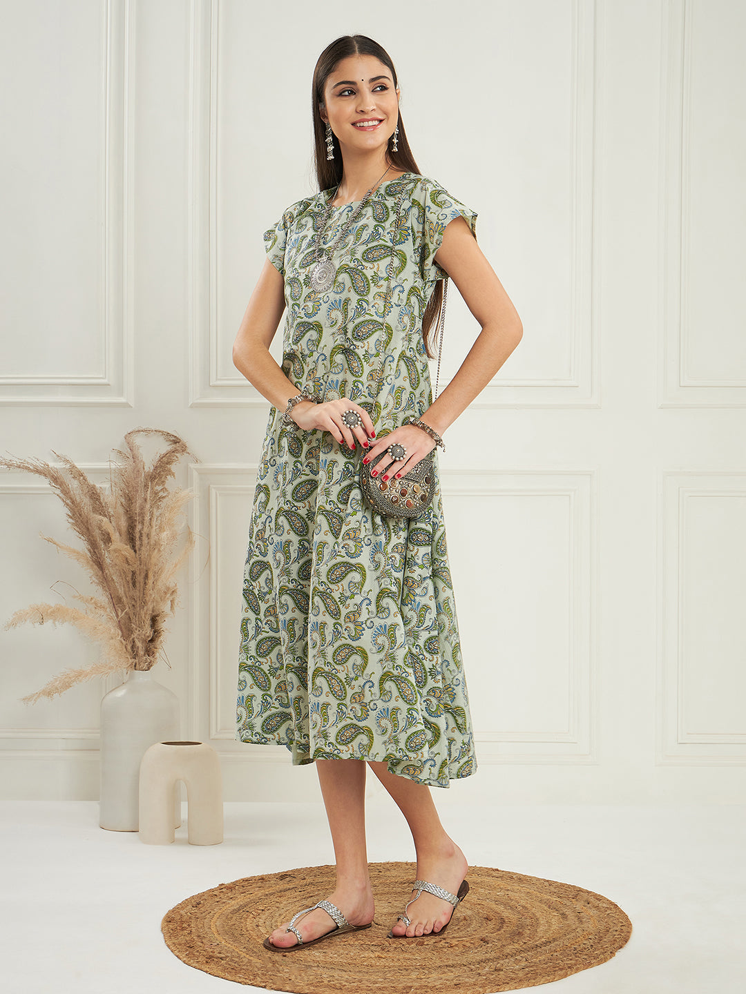 InWeave Women's Sage Green Paisley Print A Line Dress | Grocsy