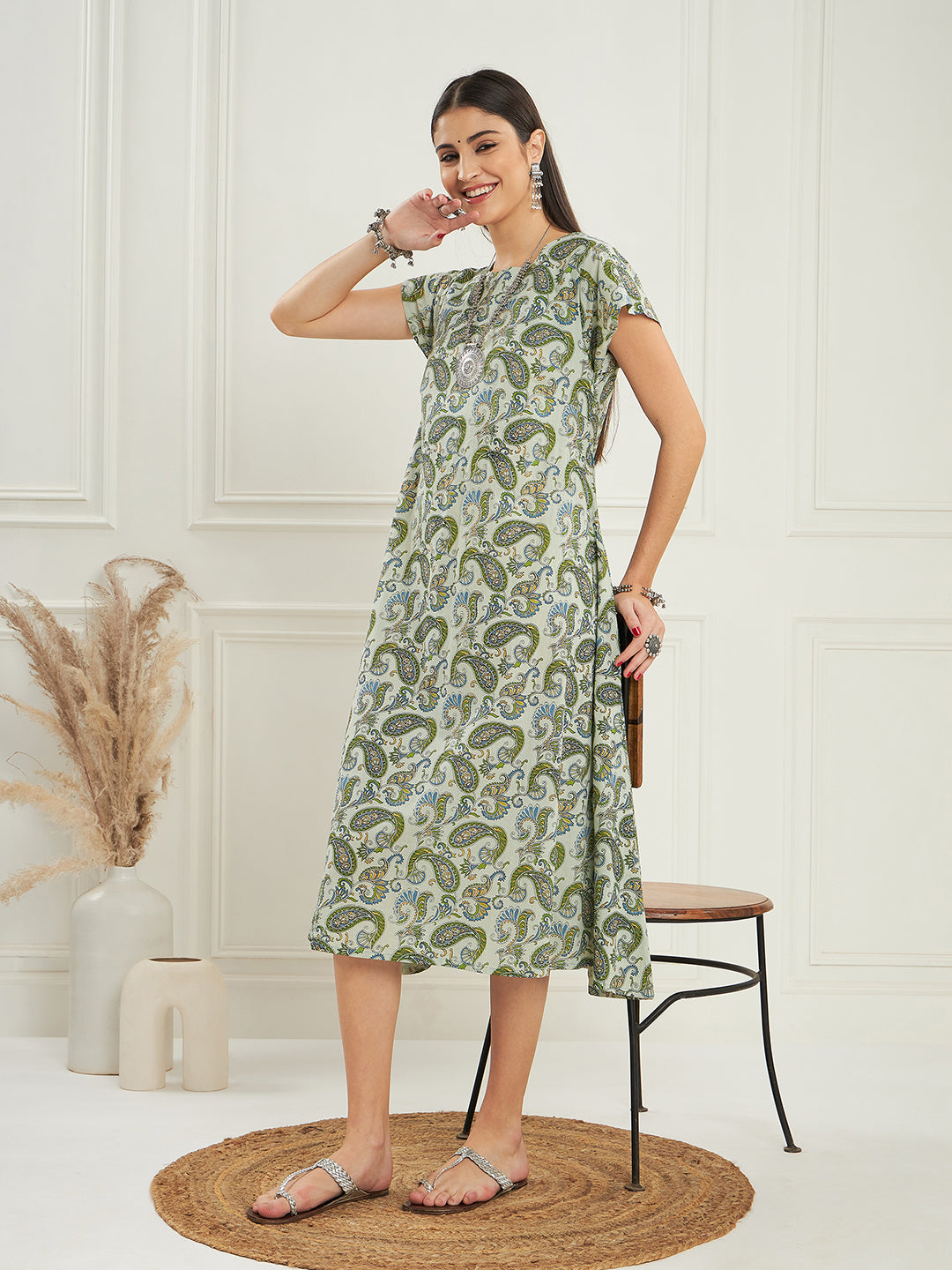 InWeave Women's Sage Green Paisley Print A Line Dress | Grocsy