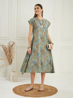InWeave Women's Dull Green Leaf Floral Print A Line Dress | Grocsy