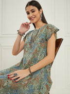 InWeave Women's Dull Green Leaf Floral Print A Line Dress | Grocsy