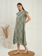InWeave Women's Dull Green Leaf Floral Print A Line Dress | Grocsy