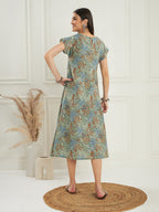 InWeave Women's Dull Green Leaf Floral Print A Line Dress | Grocsy