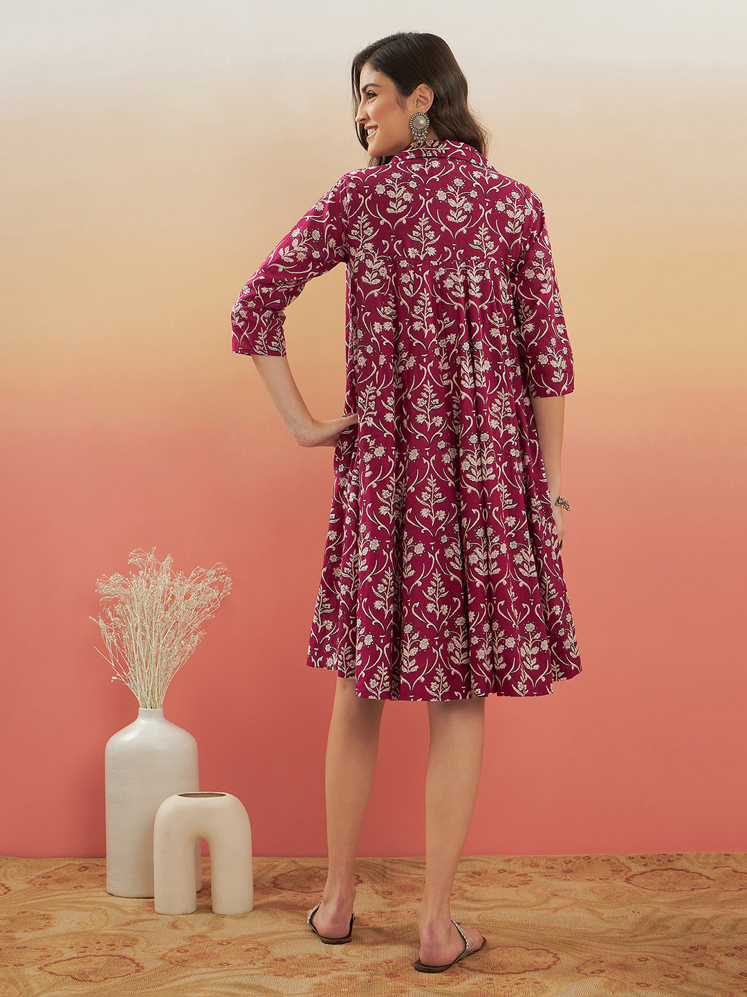 InWeave Women's Wine Cream Floral Print Flared Dress | Grocsy