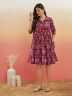 InWeave Women's Wine Cream Floral Print Flared Dress | Grocsy