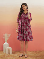 InWeave Women's Wine Cream Floral Print Flared Dress | Grocsy