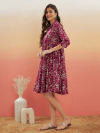InWeave Women's Wine Cream Floral Print Flared Dress | Grocsy