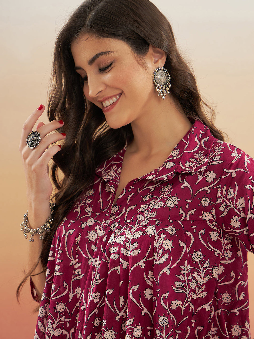 InWeave Women's Wine Cream Floral Print Flared Dress | Grocsy