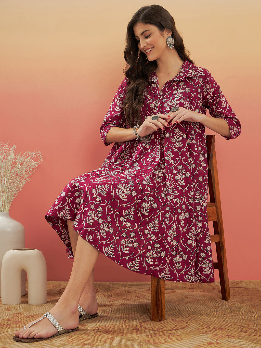 InWeave Women's Wine Cream Floral Print Flared Dress | Grocsy