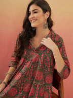 InWeave Women's Green Red Mughal Kalamkari Flared Dress | Grocsy
