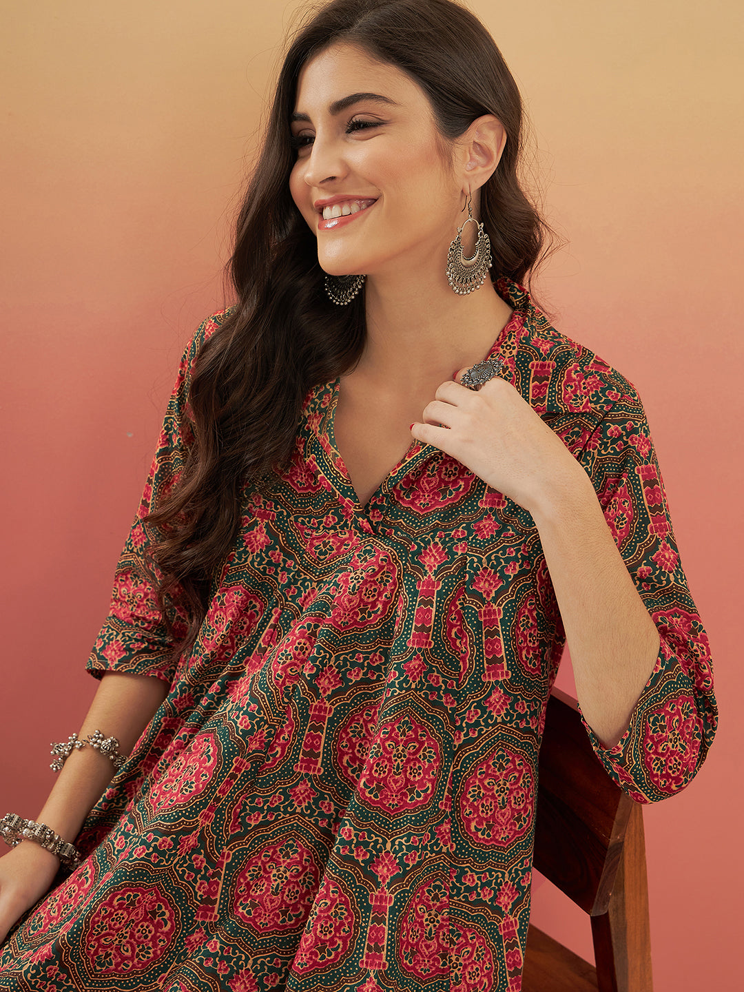 InWeave Women's Green Red Mughal Kalamkari Flared Dress | Grocsy