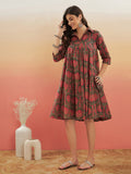 InWeave Women's Green Red Mughal Kalamkari Flared Dress | Grocsy