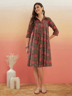 InWeave Women's Green Red Mughal Kalamkari Flared Dress | Grocsy