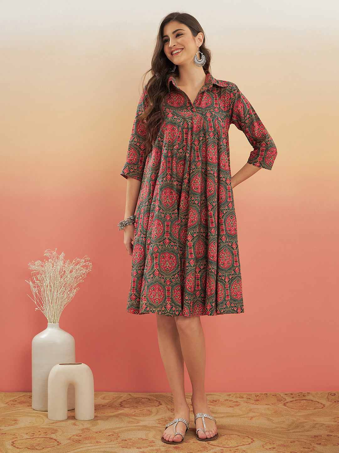 InWeave Women's Green Red Mughal Kalamkari Flared Dress | Grocsy
