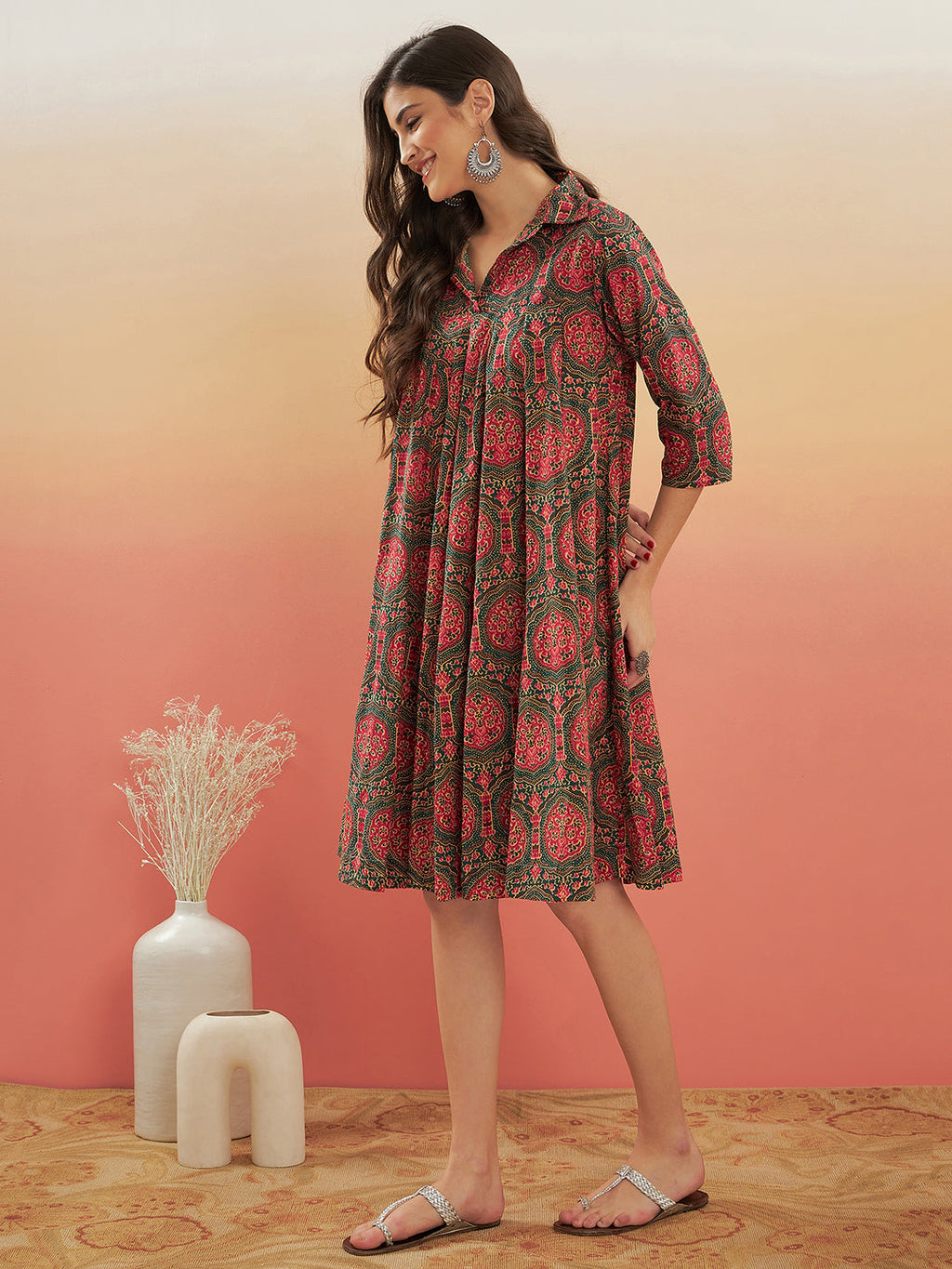 InWeave Women's Green Red Mughal Kalamkari Flared Dress | Grocsy