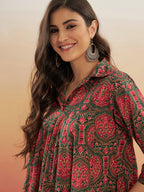 InWeave Women's Green Red Mughal Kalamkari Flared Dress | Grocsy