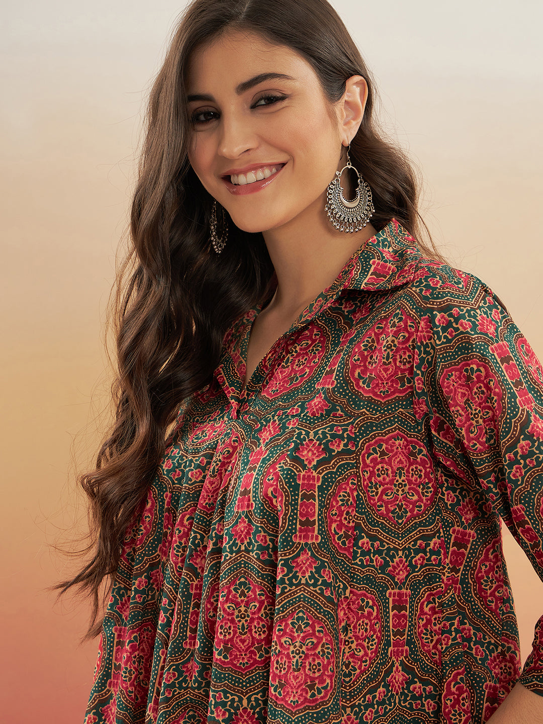 InWeave Women's Green Red Mughal Kalamkari Flared Dress | Grocsy