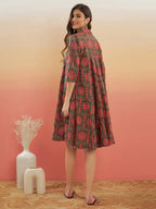 InWeave Women's Green Red Mughal Kalamkari Flared Dress | Grocsy