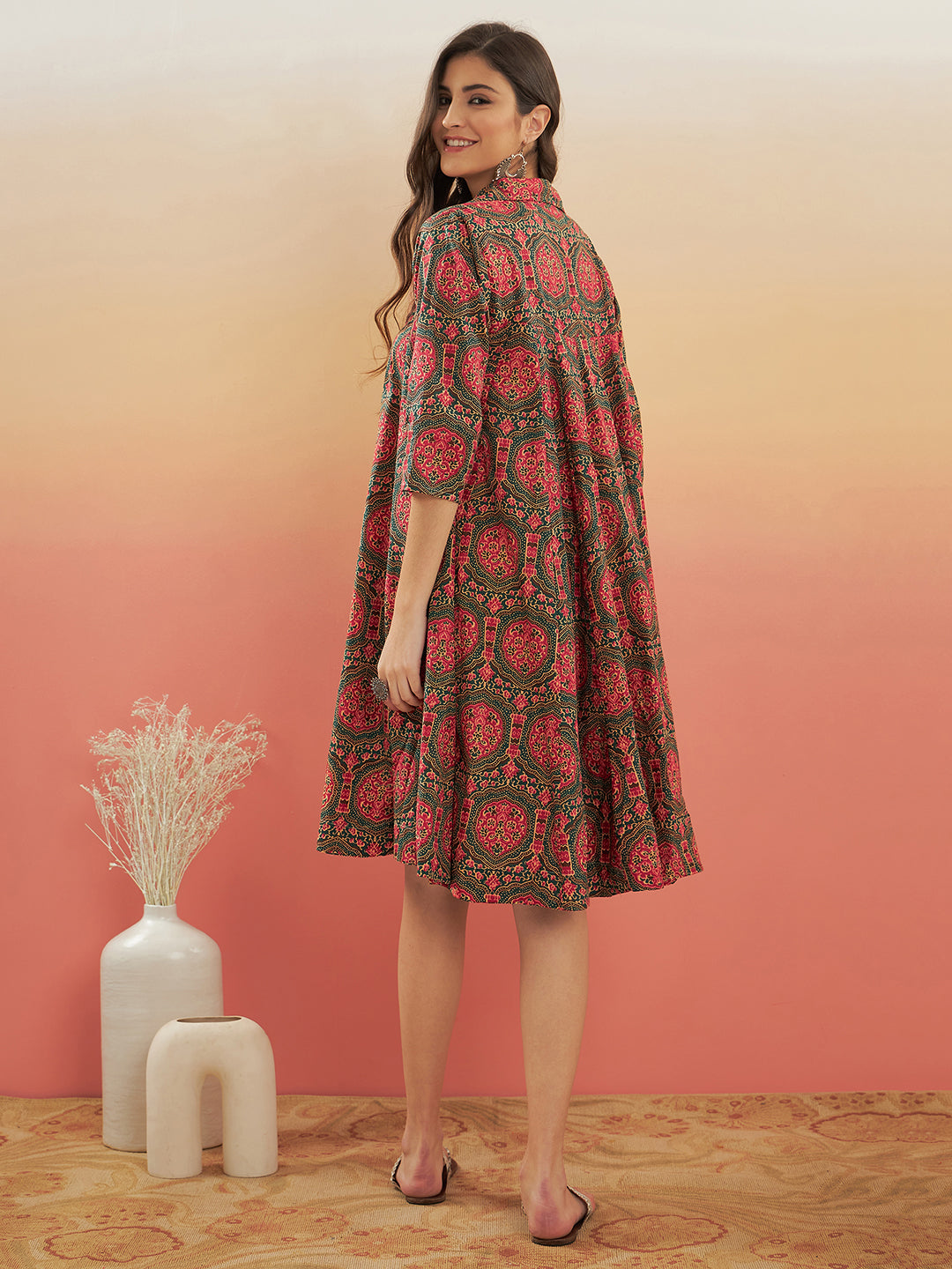InWeave Women's Green Red Mughal Kalamkari Flared Dress | Grocsy